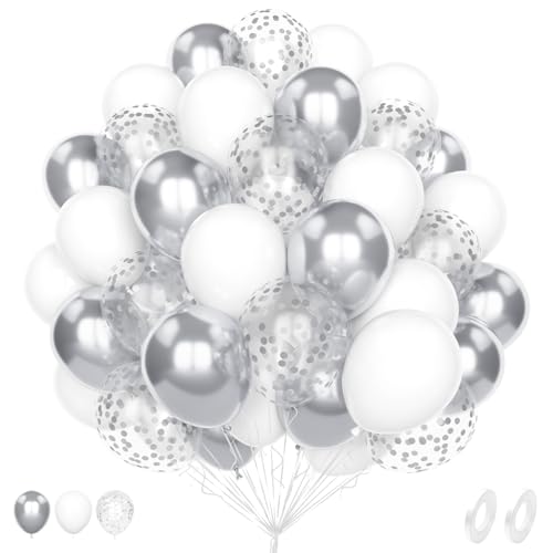 Luftballons Weiße Silber, 60 Stück 12 Zoll Matt Weiße Metallic Silber Latex Hélium Konfetti Ballons für Jahrestag Geburtstags Braut Babyparty Gender Reveal Verlobungen Hochzeitstag Party Dekoration von Unisun