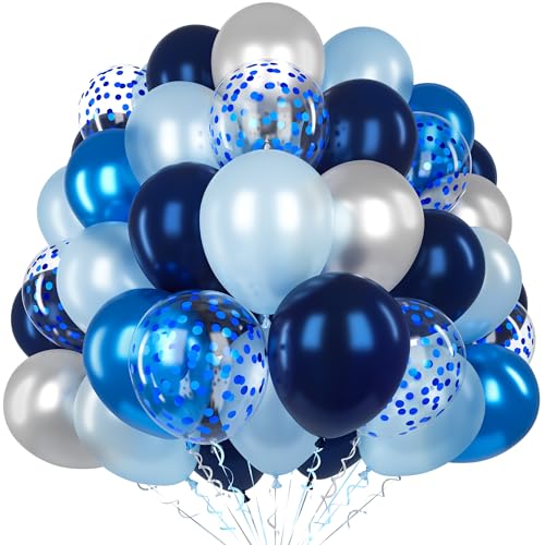 Marineblaue Luftballon, 60 Stück 12 Zoll Marineblau Metallic Silber Hellblau Latex Ballon Set mit 2 Bändern und Konfetti Ballons für Jungen Männer Geburtstag Baby Shower Hochzeit Jubiläum Party Deko von Unisun