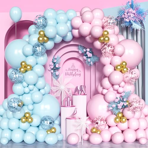 Rosa Blaue Luftballon Bogen Kit, 125 Pcs Pastell Rosa Blaue Ballons Girlande mit Konfetti Ballons Metallischer Gold ballon für Geschlecht Soffenbarung Jungen Mädchen Baby Shower Geburtstag Party Deko von Unisun