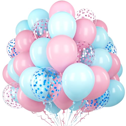 Rosa Blaue Luftballon, 60 Stück 12 Zoll Pastell Rosa Blau Latex Ballon Set mit 2 Bändern & Konfetti Ballons für Jungen oder Mädchen Geburtstag Baby Shower Jubiläum Verlobung Gender Reveal Party Deko von Unisun