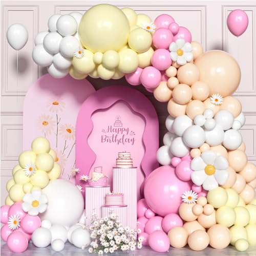 Rosa Gelbe Luftballon Bogen Kit, 135 Pcs 5 10 18 Zoll Gänseblümchen Ballons Girlanden Kit, Pastell Rosa Gelb Weiß Orange Geburtstags Party Luftballons für Mädchen Braut Baby Shower Hochzeit Party Deko von Unisun