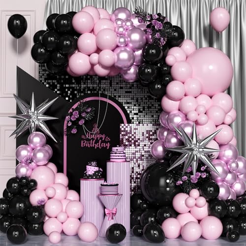 Rosa Schwarz Luftballon Bogen Kit, 120 Pcs 5/10/12/18 Zoll Schwarz Rosa Metallisch Rosa Latex Ballon Girlande für Mädchen Frauen Geburtstag Party Jahrestag Hochzeit Deko von Unisun