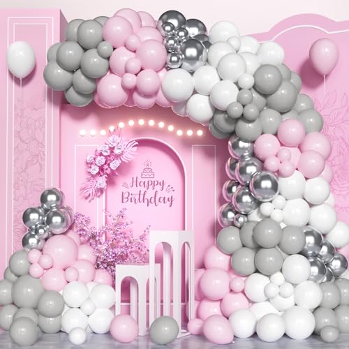 Rosa Silber Luftballon Bogen Kit, 133 Pcs Pastell Rosa Grau Weiß Luftballons Girlanden,Latex Ballons in Verschiedenen Größen 5/10/12 Zoll für Mädchen Frauen Geburtstag Baby Shower Hochzeit Party Deko von Unisun