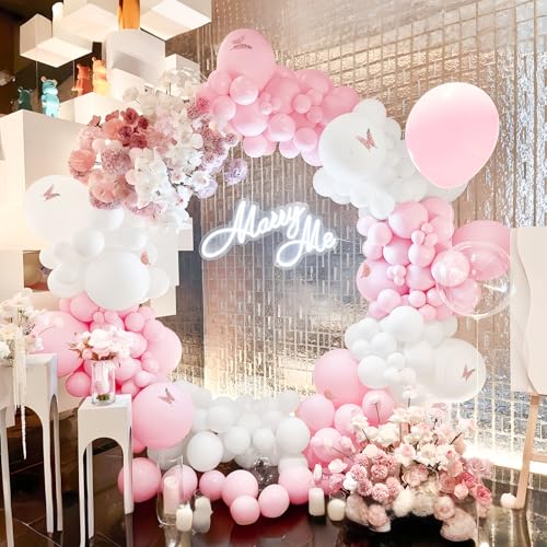 Rosa Weiß Luftballon Bogen Kit, 151 Pcs Pastell Rosa Ballon Girlanden mit Schmetterlings Aufklebern Latex Ballons in Verschiedenen Größen 5/10/12/18 Zoll für Baby Shower Hochzeit Brautparty Party Deko von Unisun