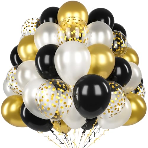 Schwarz Gold Ballons, 60 Stück 12 Zoll Matte Schwarz Weiß Metallic Gold Latex Ballon Set mit 2 Bändern und Konfetti Ballons für Jungen Mädchen Männer Frauen Geburtstag Baby Shower Hochzeit Party Deko von Unisun