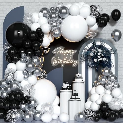 Schwarz Weiß Silberne Luftballons Girlanden Bogen Set, 127Pcs Schwarz Weiß Ballons Girlanden Set, Metallischer Silberner Ballon Mit Konfetti Ballon Für Geburtstag Hochzeit Braut Abschlussfeier Party von Unisun