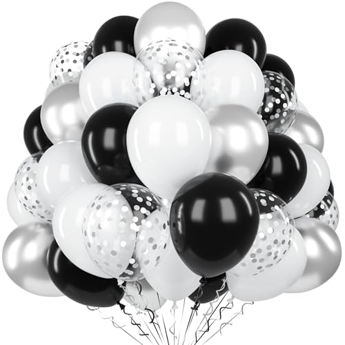 Schwarze Weiße Luftballon, 60 Stück 12 Zoll Matte Schwarz Weiß Silber Latex Ballon Set mit 2 Bändern und Konfetti Ballons für Geburtstag Hochzeit Jubiläum Verlobung Abschlussfeier Party Deko von Unisun