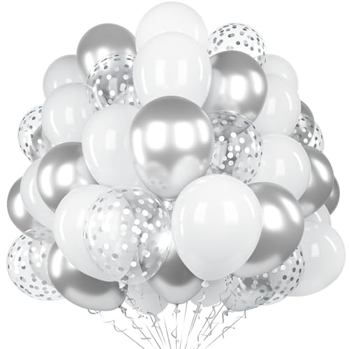 Silber Weiße Luftballon, 60 Stück 12 Zoll Matte Weiß Metallic Silber Latex Ballon Set mit 2 Bändern und Konfetti Ballons für Geburtstag Baby Shower Hochzeit Jubiläum Verlobungs Party Deko von Unisun