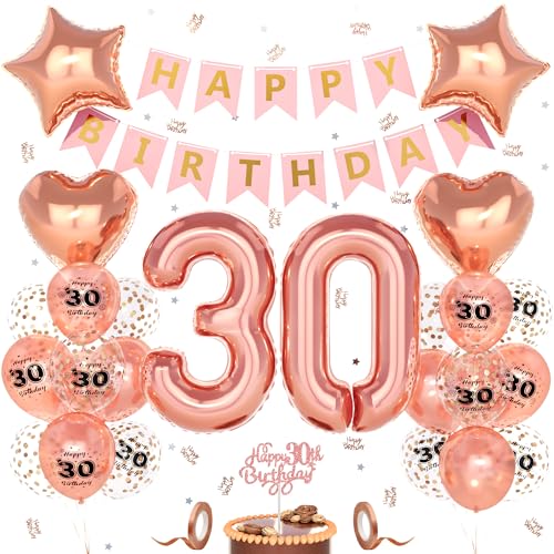 Unisun 30. Geburtstag Deko Frauen, 30 Jahre Rosegold Happy Birthday Geburtstagsdeko, Nummer 30 Luftballon, 30. Happy Birthday Banner Tortendeko Konfetti, Geburtstag Party Dekorationen von Unisun