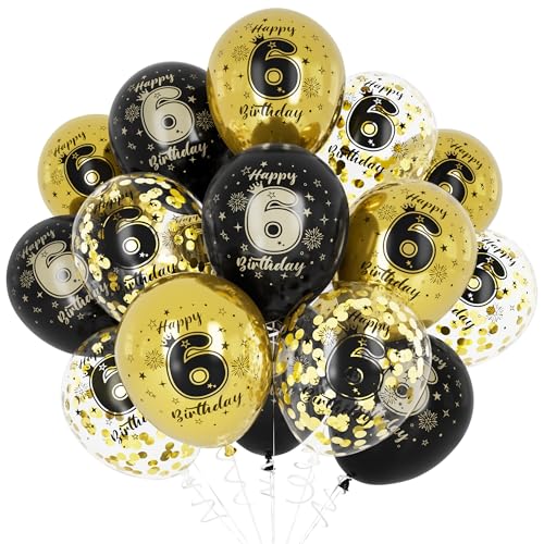 Unisun 6. Geburtstag Luftballons, 6 Jahre Geburtstag Dekorationen für Jungen, Happy Birthday Schwarz Gold 6 Jahrestag Ballons Deko für Geburtstag Party Supplies von Unisun