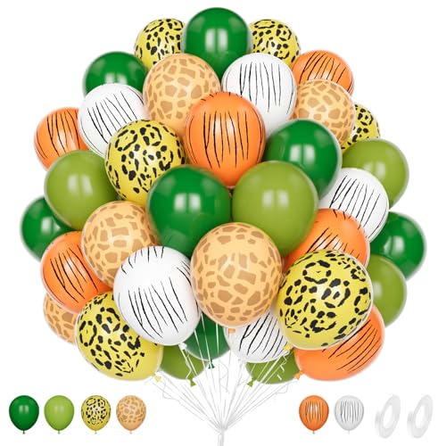 Luftballons Safari Dschungel, 60 Stück 12 Zoll Matt Oliven Salbei Grüne Latex Hélium Ballon Set mit Leoparden Tiger Animal Print Ballons für Safari Dschungeli Thema Jungen Geburtstag Party Deko von Unisun