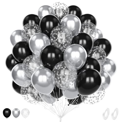 Luftballons Schwarz Silber, 60 Stück 12 Zoll Matt Schwarze Metallic Silber Latex Hélium Konfetti Ballons für Geburtstage Abschlussfeiern Jahrestage Hochzeiten Brautduschen Verlobungen Party Deko von Unisun