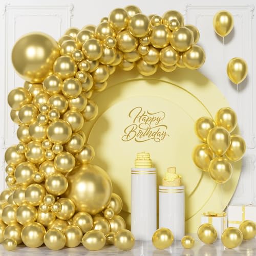 Unisun Chrom Gold Luftballons, 101 Stück Metallic Gold Ballon Girlanden Bogen Set, 5/10/12/18 Zoll Gold Latex Ballon für Männer Jungen Abschlussfeier Babyparty Hochzeit Geburtstag Party Jahrestag Deko von Unisun