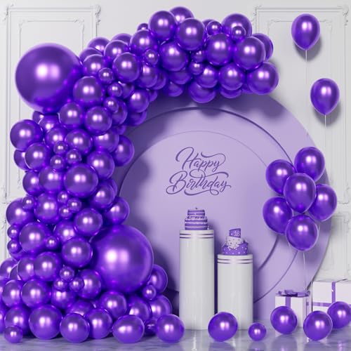 Unisun Chrom Lila Luftballons, 101 Stück Metallic Lila Ballon Girlanden Bogen Set, 5/10/12/18 Zoll Lila Latex Ballon Für Männer Jungen Abschlussfeier Babyparty Hochzeit Geburtstag Party Jahrestag Deko von Unisun