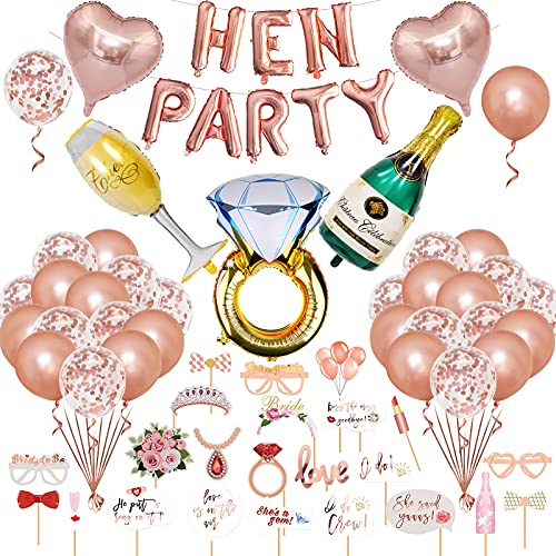 Unisun Junggesellenabschied Frauen JGA Deko Accessoires 60 Stück Roségold folie Hen Party Luftballons Banner mit Konfetti Latex Helium Ballons Foto Requisiten für Bachelorette Dekorationen von Unisun