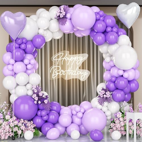 Unisun Lila Weiße Ballons Bogen Kit, 147pcs Pastell Lila Weiße Luftballons Girlande mit 18'' lila Herz Folie Ballons für Mädchen Frauen Geburtstagsfeier Dekor Hochzeit Jubiläum Baby Shower Engagement von Unisun