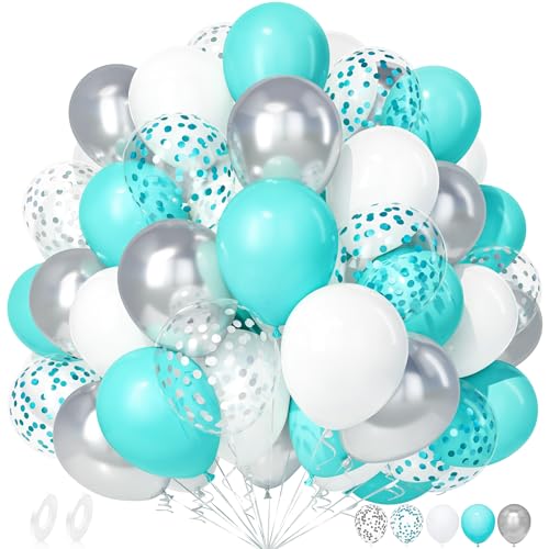 Unisun Luftballons Blau Weiß, 50 Stück Latex Ballons Teal Blau Weiß Turquoise Türkis Silber Konfetti Luftballon Mädchen Frauen Geburtstag Jubiläum Abschlussfeiern Hochzeit Verlobung Baby Shower Deko von Unisun