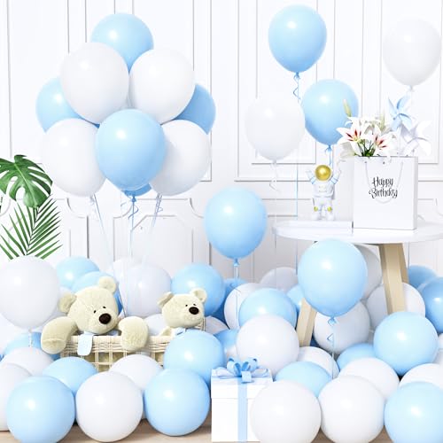 Unisun Luftballons Blau und Weiß, 60Stück 12Zoll Ballons Pastell Macaron Baby Blau Weiß Latex Luftballon Junge Männer Kinder Geburtstag Ballon Hochzeit Taufe Babyparty Gender Reveal Party Dekoration von Unisun