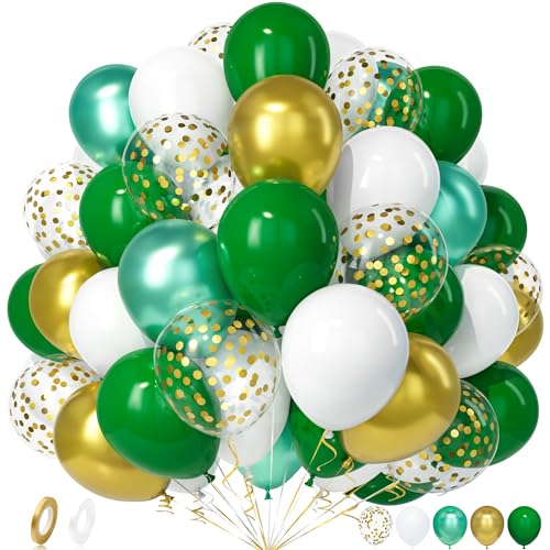 Unisun Luftballons Grün Gold, 50 Stück Latex Ballons Dunkelgrün Weiss Metallic Grün Gold Konfetti Luftballon Männer Frauen Geburtstag Jubiläum Hochzeit Verlobung Abschluss Dschungel Safari Party Dekor von Unisun