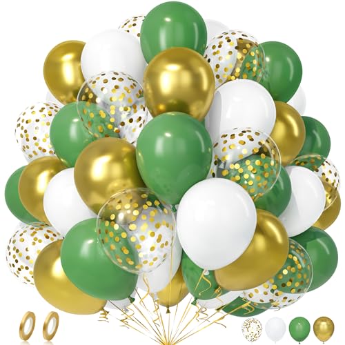 Unisun Luftballons Grün Weiß, 50 Stück Latex Ballons Retro Grün Gold Konfetti Luftballon Mädchen Frauen Geburtstag Jubiläum Hochzeit Verlobung Taufe Baby Shower Dschungel Safari Bachelor Party Deko von Unisun