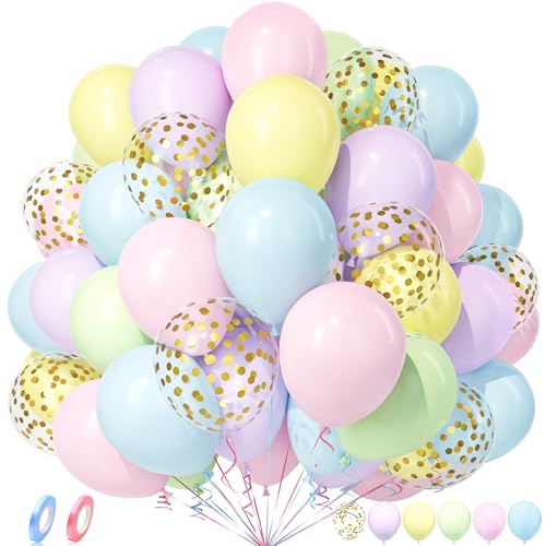 Unisun Luftballons Pastell, 50 Stück Latex Ballons Macaron Rosa Blau Grün Gelb Lila Gold Konfetti Luftballon Mädchen Junge Kind Geburtstag Jubiläum Hochzeit Verlobung Baby Shower Brautparty Dekoration von Unisun