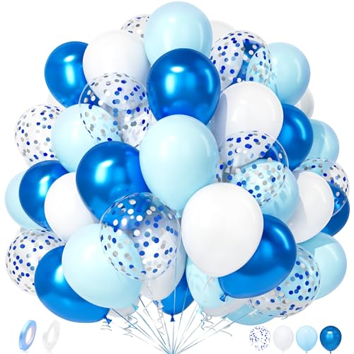 Unisun Luftballons Pastell Blau Weiß, 50 Stück Latex Ballon Macaron Blau Weiß Metallic Blau Silber Konfetti Luftballon Mädchen Junge Kind Geburtstag Taufe Jubiläum Hochzeit Verlobung Baby Party Deko von Unisun