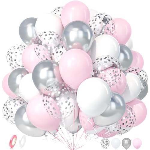 Unisun Luftballons Pastell Rosa Weiß, 50 Stück Latex Ballon Macaron Rosa Weiß Metall Silber Konfetti Luftballon Mädchen Frauen Geburtstag Taufe Jubiläum Geschlecht Offenbaren Verlobung Babyparty Deko von Unisun