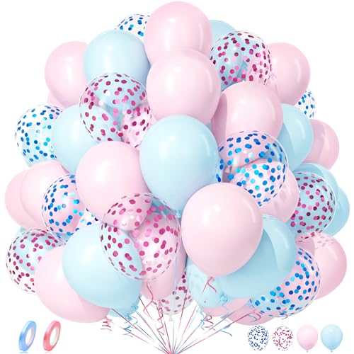 Unisun Luftballons Rosa Blau, 50 Stück Ballon Pastell Macaron Rosa Blau Konfetti Luftballon Mädchen Junge Geburtstag Geschlecht Offenbaren Jubiläum Hochzeit Verlobung Baby Shower Braut Party Deko von Unisun