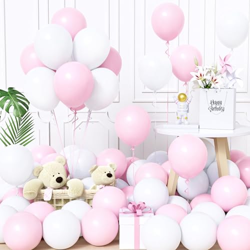 Unisun Luftballons Rosa und Weiß, 60Stück 12Zoll Ballons Pastell Macaron Baby Rosa Weiß Latex Luftballon Mädchen Frauen Kinder Geburtstag Ballon Hochzeit Taufe Babyparty Gender Reveal Party Dekoration von Unisun