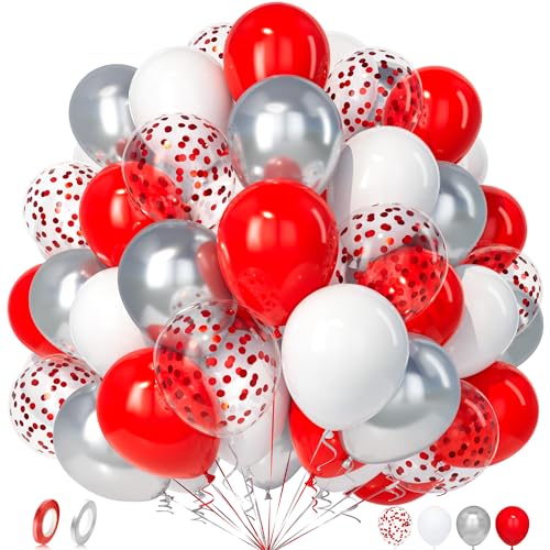 Unisun Luftballons Rot Weiß, 50 Stück Latex Ballons Metallic Silber Weiss Rot Konfetti Luftballon Mädchen Frauen Kind Geburtstag Jubiläum Hochzeit Verlobung Abschlussfeier Valentinstag Brautparty Deko von Unisun