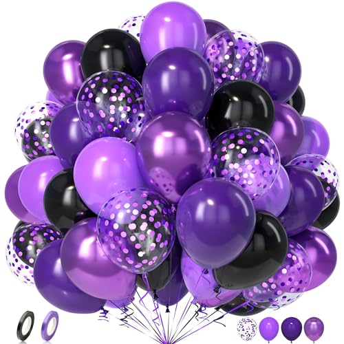 Unisun Luftballons Schwarz Lila, 50 Stück Latex Ballons Schwarz Dunkellila Metall Violett Konfetti Luftballon Junge Männer Kind Geburtstag Jubiläum Hochzeit Verlobung Brautparty Halloween Dekoration von Unisun