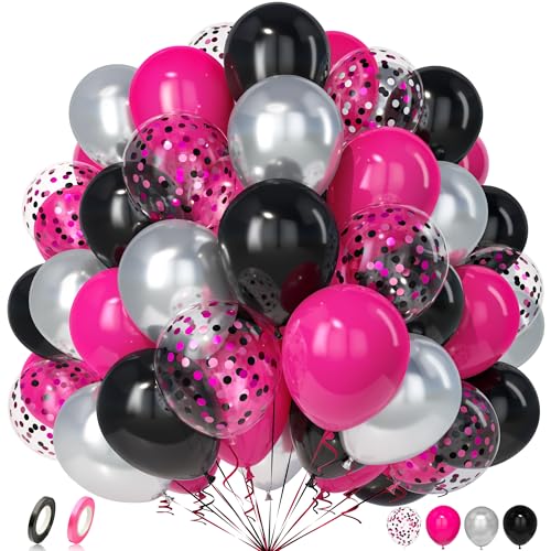 Unisun Luftballons Schwarz Rosa, 50 Stück Latex Ballon Silber Hot Pink Roserot Schwarz Konfetti Luftballon Mädchen Frauen Prinzessin Geburtstag Jubiläum Hochzeit Verlobung Braut Maus Thema Party Deko von Unisun