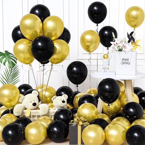 Unisun Luftballons Schwarz und Gold, 60Stück 12Zoll Ballons Matt Schwarz Gold Latex Luftballon Junge Mädchen Männer Frauen Babyparty Geburtstag Hochzeit Jubiläum Abschlussfeier Verlobung Bachelor Deko von Unisun