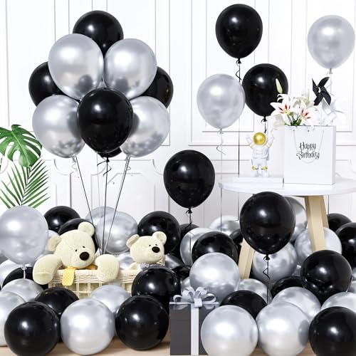 Unisun Luftballons Schwarz und Silber, 60Stück 12Zoll Ballons Matt Schwarz Silber Latex Luftballon Junge Männer Frauen Babyparty Geburtstag Hochzeit Jubiläum Abschlussfeier Verlobung Bachelor Deko von Unisun