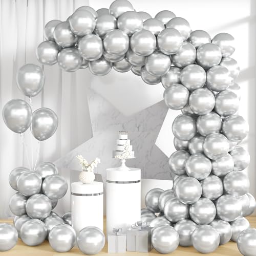 Unisun Luftballons Silber Metallic, 100Stück 10Zoll Glänzende Chrom Silber Ballons Girlande Frauen Männer Geburtstag Hochzeit Jahrestag Verlobung Valentinstag Jubiläum Braut Bachelor Party Dekoration von Unisun