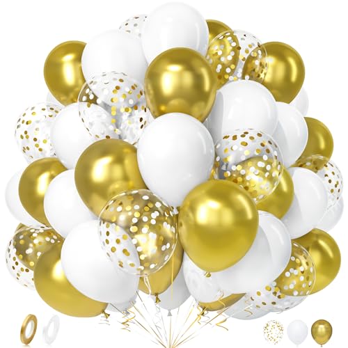 Unisun Luftballons Weiß Gold, 50 Stück Latex Ballons Weiß und Gold Konfetti Luftballon Junge Mädchen Männer Frauen Geburtstag Jubiläum Abschlussfeier Hochzeit Valentinstag Verlobung Brautparty Deko von Unisun