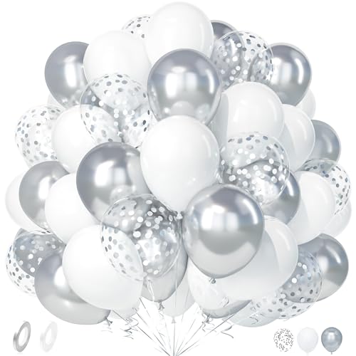 Unisun Luftballons Weiß Silber, 50 Stück Ballons Weiß und Silber Konfetti Luftballon Junge Mädchen Männer Frauen Geburtstag Jubiläum Abschlussfeier Hochzeit Valentinstag Verlobung Brautparty Deko von Unisun