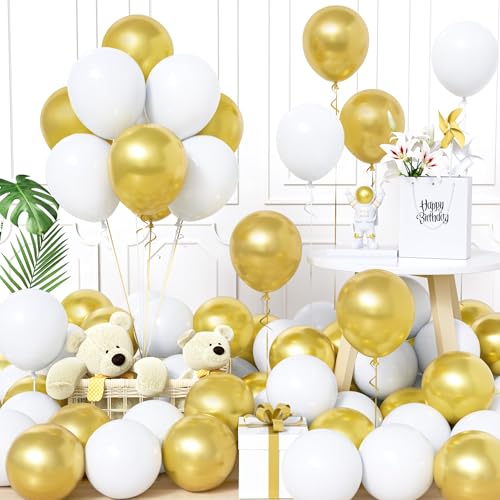 Unisun Luftballons Weiß und Gold, 60Stück 12Zoll Ballons Matt Weiß Gold Latex Luftballon Mädchen Frauen Babyparty Geburtstag Hochzeit Jubiläum Abschlussfeier Verlobung Bachelor Brautparty Dekoration von Unisun