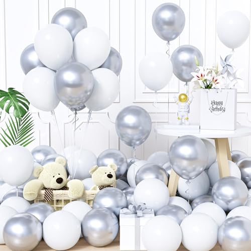 Unisun Luftballons Weiß und Silber, 60Stück 12Zoll Ballons Matt Weiß Silber Latex Luftballon Mädchen Frauen Babyparty Geburtstag Hochzeit Jubiläum Abschlussfeier Verlobung Bachelor Brautparty Deko von Unisun