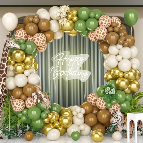 Unisun Safari Dschungel Ballons Bogen Kit, 140 Pcs Salbei Grün Gold Luftballons Girlande mit Hirsch Muster Tier Ballons für Geburtstagsfeier Dekoration Baby Shower Hochzeitstag Wild Eine Theme Party von Unisun