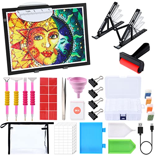 UnityStar Leuchttisch A3 für 5D Diamond Painting Zubehör, 169 Stück Einstellbare Helligkeit Diamant Painting Lichtplatten mit Ständer, USB Kabe, Diamond Painting Stift Boxen, Diamond Painting Set von UnityStar