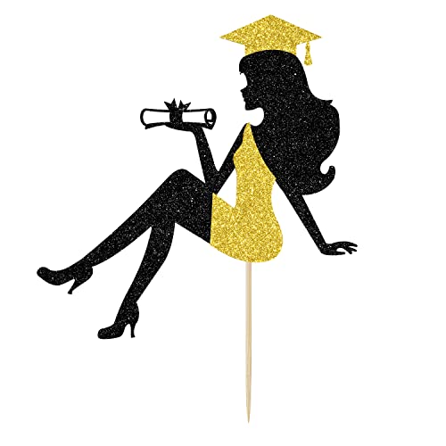 Unoggsor Graduation Cake Topper 2022, Girl Topper, Congrats Grad Dekor, Mädchen Party Dekorationen, Schwarz und Gold Glitzer von Unoggsor