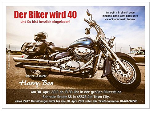 10 x Einladungskarten zum Geburtstag Erwachsene, Motorrad - für jedes Alter Wunschalter 30 40 50 - Größe 17 x 12 cm von Unser-Festtag