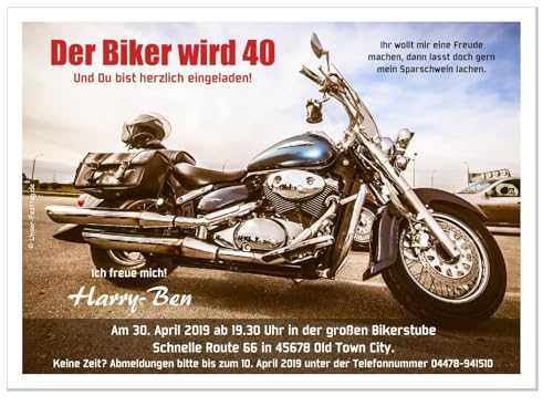 20 Einladungskarten für runden Geburtstag lustig witzig für Biker - kostenloser Eindruck Ihres Textes, Größe 17 x 12 cm von Unser-Festtag