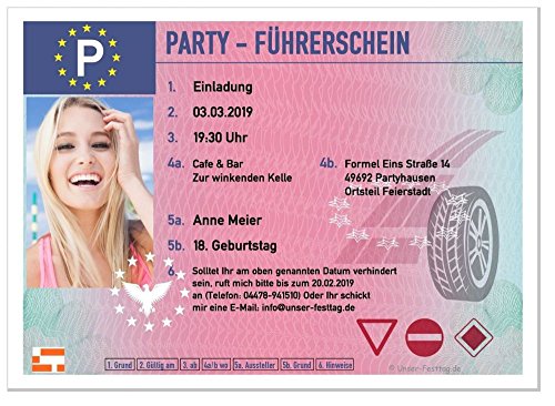 5 Führerschein Einladungskarten mit FOTO - Geburtstagsfeier Fete Party Wunschtext originell lustig witzig, 21 x 14,8 cm groß von Unser-Festtag