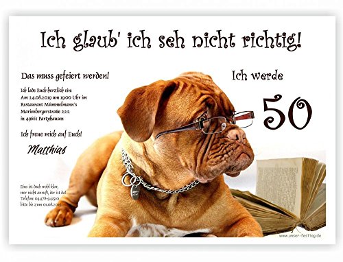 5 Geburtstagseinladungen für Erwachsene lustig witzig 20 30 40 50 66 jedes Alter - Wunschtext - Hund mit Brille, DIN A5 von Unser-Festtag