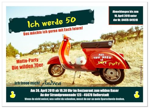 50 Geburtstagseinladungen runder Geburtstag retro lustig 50 60 70, für jedes Jahr möglich - mit Spruch, Größe 170 x 120 mm von Unser-Festtag