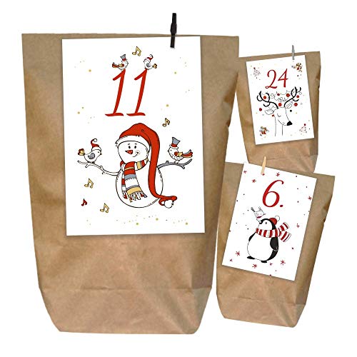 Adventskalender zum Befüllen, 24 braune Papiertüten mit 24 hochwertigen Adventszahlen-Karten zum Anheften. Motive mit Schneemann, Pinguin, Eule usw. von Unser-Festtag