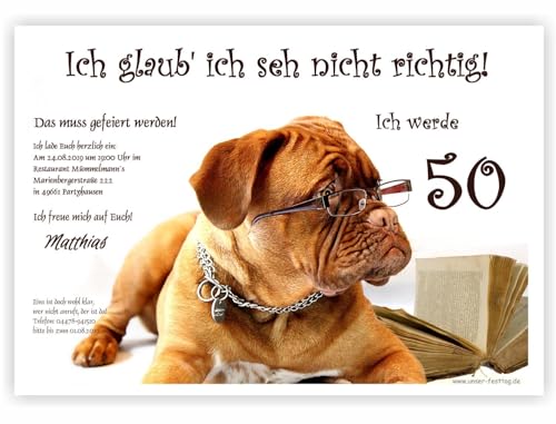 Unser-Festtag Einladungen für Geburtstage Männer Frauen Erwachsene lustig 30 40 50 60 70 jedes Alter möglich Hund mit Brille, 17 x 12 cm - 5 Karten von Unser-Festtag