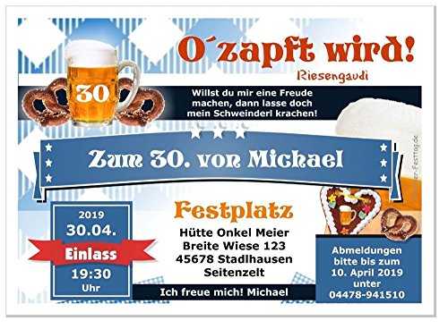 Einladungskarten Geburtstagsfeier Fete Party Wunschtext originell lustig witzig, Bier Brezel traditionell, 5 Stück, 17 x 12 cm von Unser-Festtag